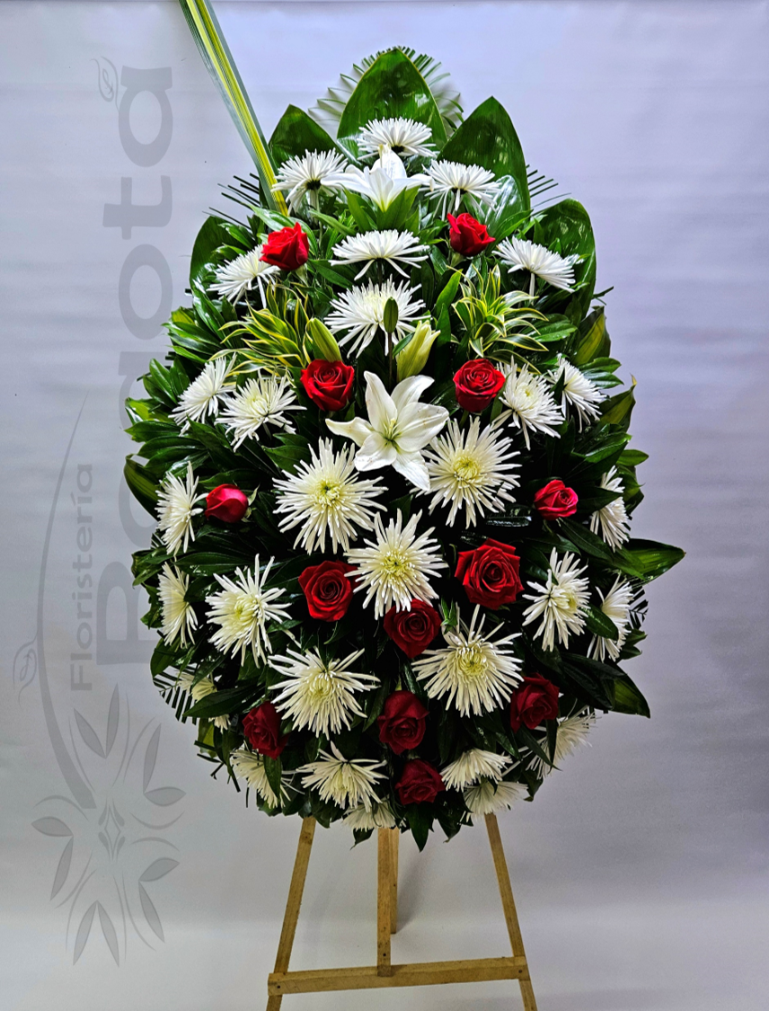 Pedestal con rosas y crisantemas