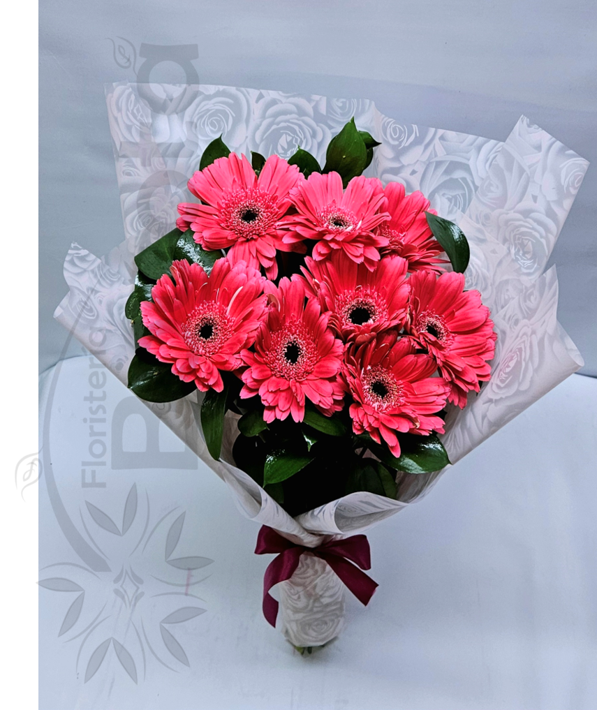 Arreglo bouquet con gerberas rosadas