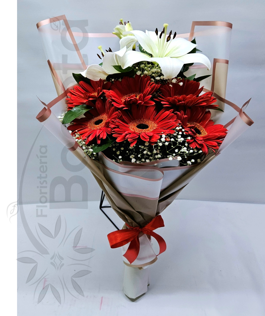Arreglo bouquet con gerberas rojas y lirios