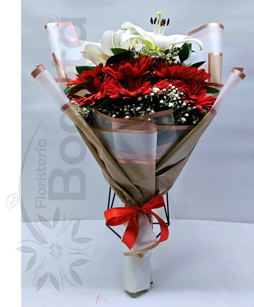 Arreglo bouquet con gerberas rojas y lirios